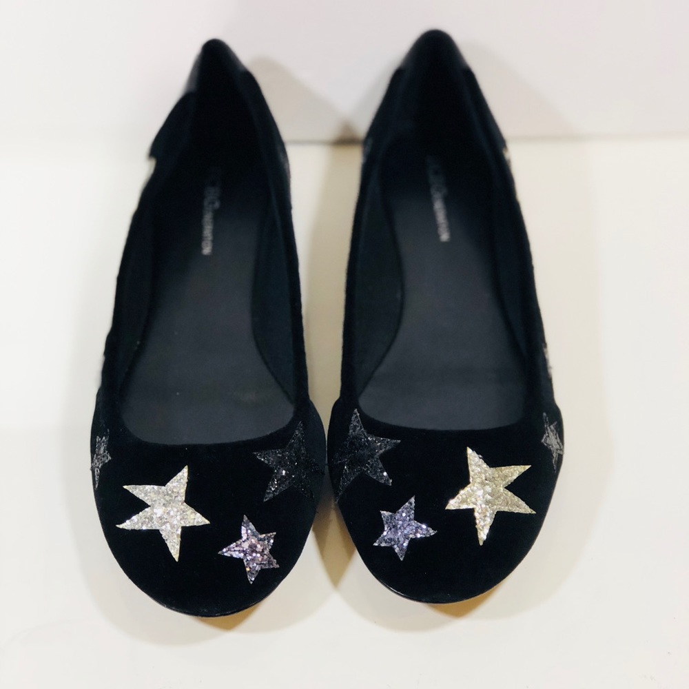 BCBG Flats Black Velvet Glitter Stars NWOB Size 12